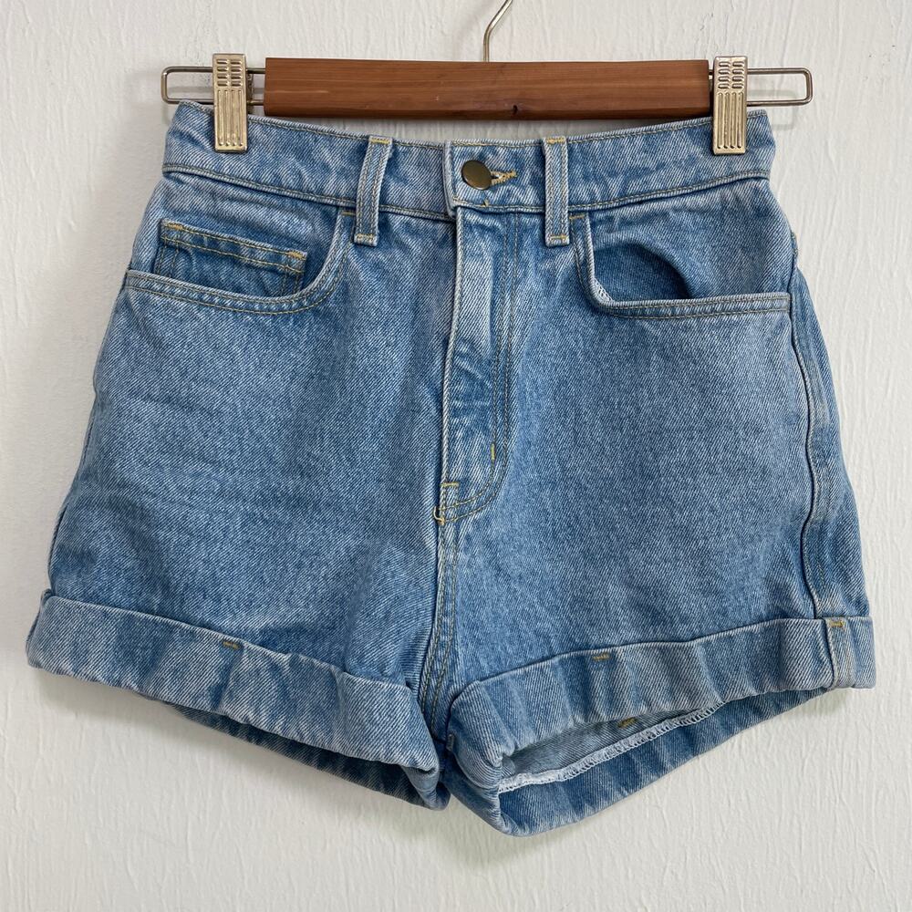 American Apparel Womens High Waist Cuffed Denim Shorts 25 Blue Stone Washed USA
